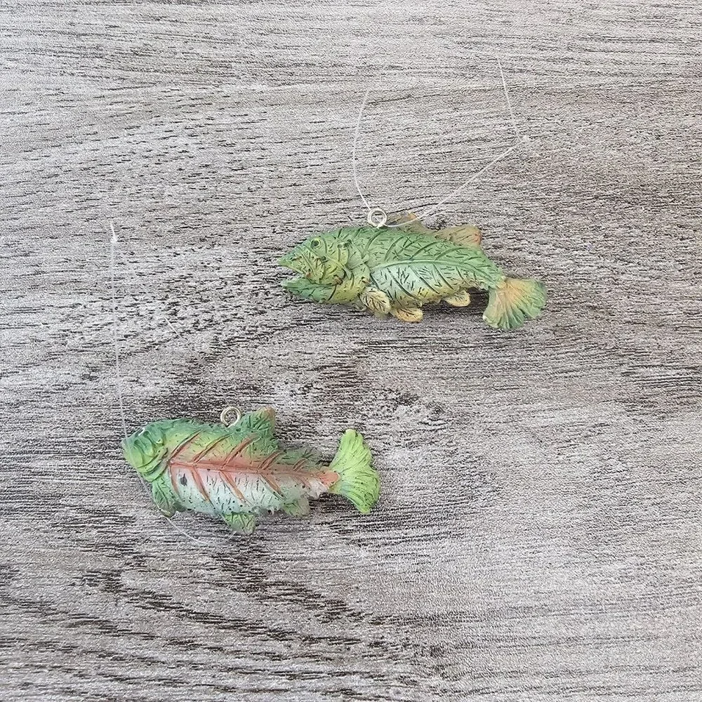 Christmas Tree Ornaments Set Of 11 Rustic Green Fishing Bait Pole Cabin Decor